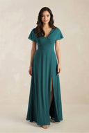 A - Line Short Sleeve Chiffon V - Neck Bridesmaid Dress in Pine - KissProm Bridesmaid Dresses