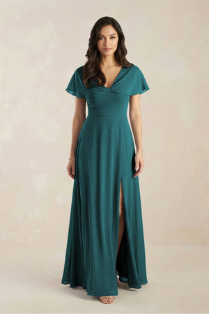 A - Line Short Sleeve Chiffon V - Neck Bridesmaid Dress in Pine - KissProm Bridesmaid Dresses