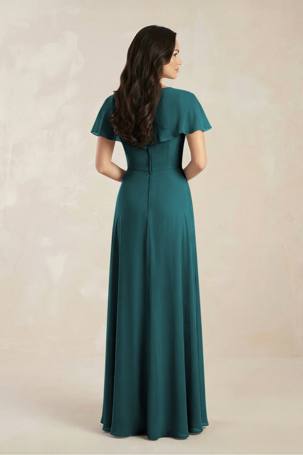 A - Line Short Sleeve Chiffon V - Neck Bridesmaid Dress in Pine - KissProm Bridesmaid Dresses