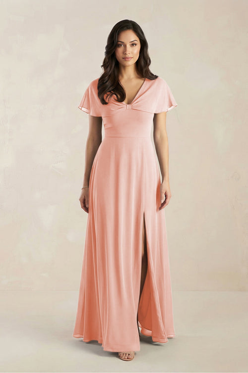 A - Line Short Sleeve Chiffon V - Neck Bridesmaid Dress in Rose Petal - KissProm Bridesmaid Dresses