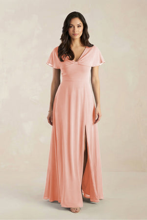 A - Line Short Sleeve Chiffon V - Neck Bridesmaid Dress in Rose Petal - KissProm Bridesmaid Dresses