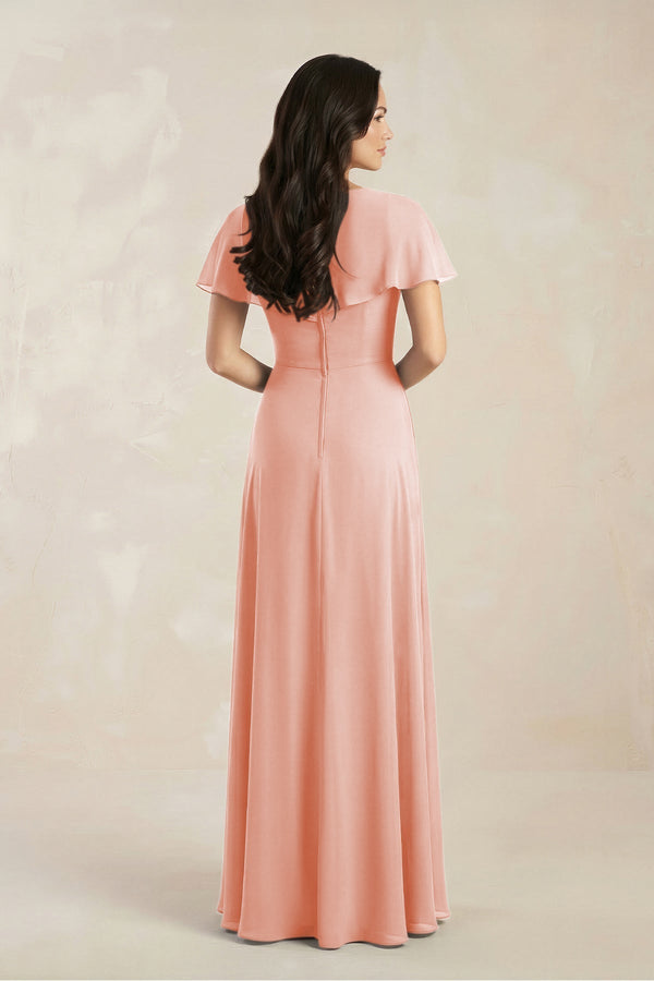 A - Line Short Sleeve Chiffon V - Neck Bridesmaid Dress in Rose Petal - KissProm Bridesmaid Dresses