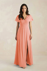 A - Line Short Sleeve Chiffon V - Neck Bridesmaid Dress in Rosette - KissProm Bridesmaid Dresses