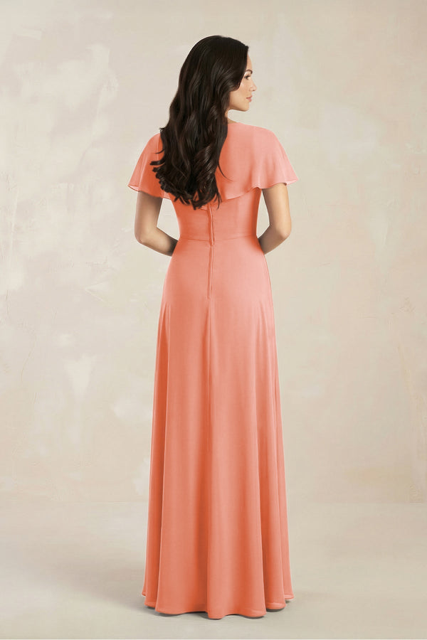 A - Line Short Sleeve Chiffon V - Neck Bridesmaid Dress in Rosette - KissProm Bridesmaid Dresses