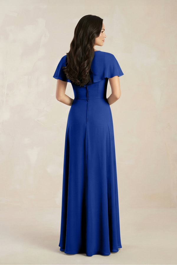 A - Line Short Sleeve Chiffon V - Neck Bridesmaid Dress in Royal Blue - KissProm Bridesmaid Dresses