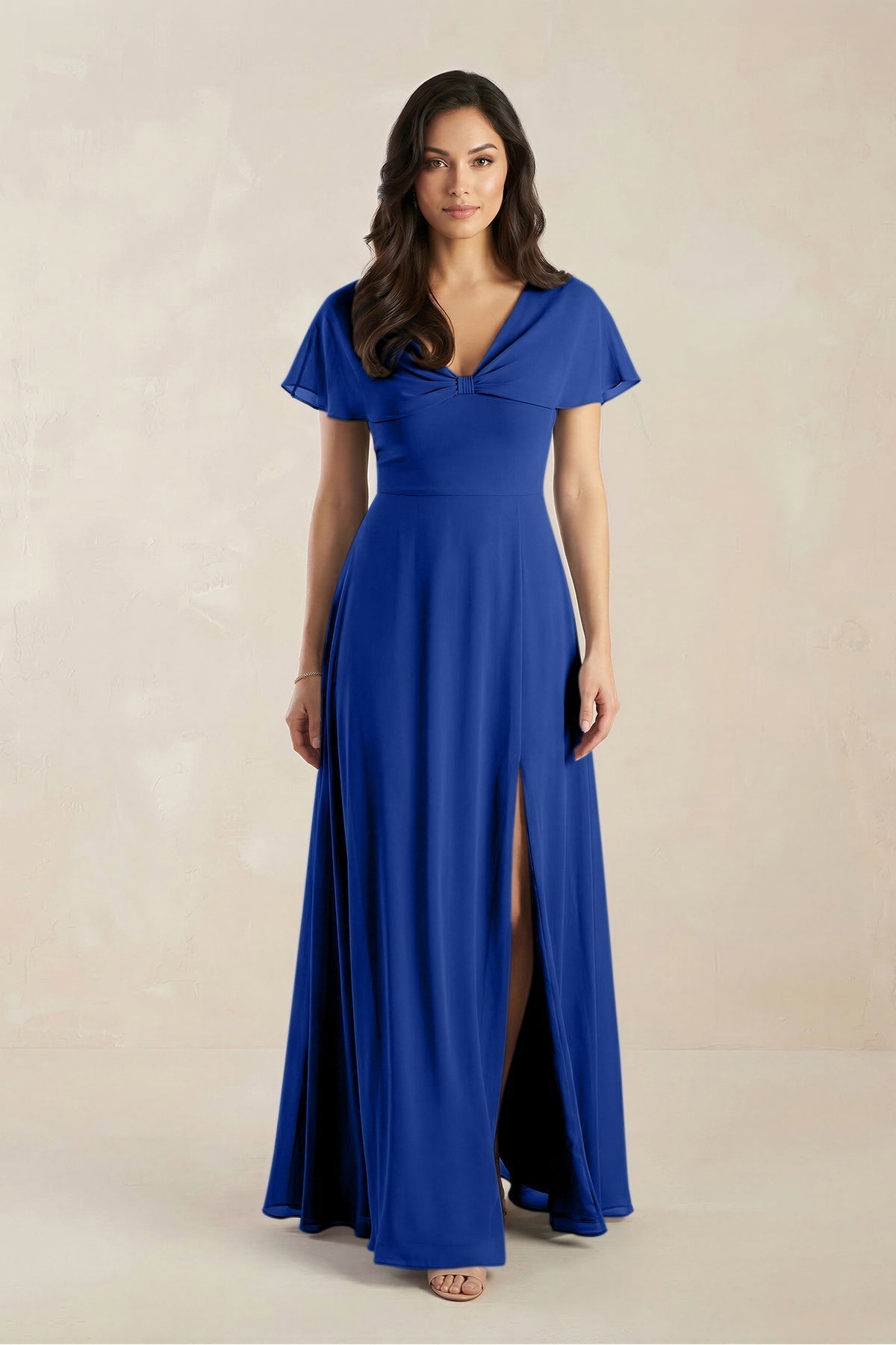 KissProm A-Line Short Sleeve Chiffon V-Neck Bridesmaid Dress in Royal Blue, Royal Blue / 8