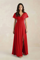A - Line Short Sleeve Chiffon V - Neck Bridesmaid Dress in Ruby Red - KissProm Bridesmaid Dresses