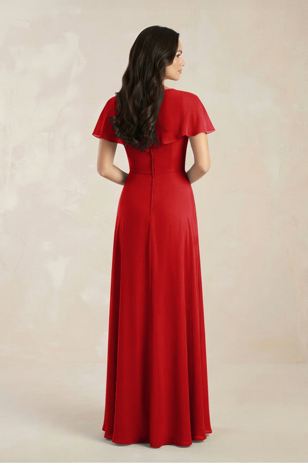 A - Line Short Sleeve Chiffon V - Neck Bridesmaid Dress in Ruby Red - KissProm Bridesmaid Dresses
