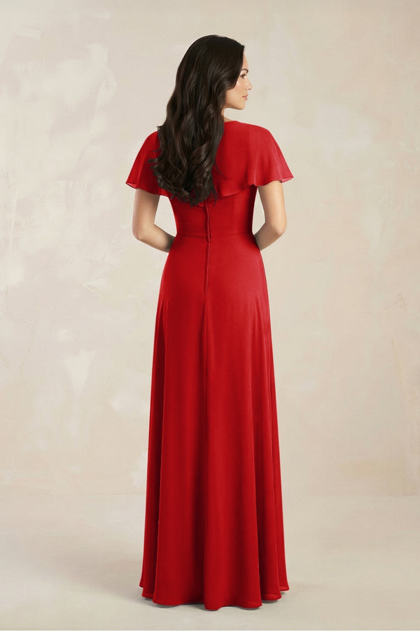 A - Line Short Sleeve Chiffon V - Neck Bridesmaid Dress in Ruby Red - KissProm Bridesmaid Dresses