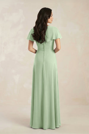 A - Line Short Sleeve Chiffon V - Neck Bridesmaid Dress in Sage - KissProm Bridesmaid Dresses