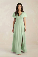 A - Line Short Sleeve Chiffon V - Neck Bridesmaid Dress in Sage - KissProm Bridesmaid Dresses