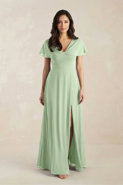A - Line Short Sleeve Chiffon V - Neck Bridesmaid Dress in Sage - KissProm Bridesmaid Dresses