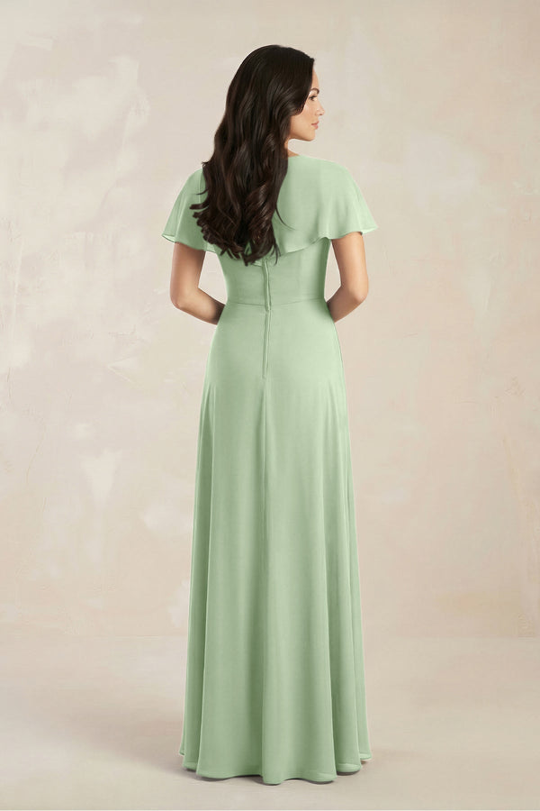 A - Line Short Sleeve Chiffon V - Neck Bridesmaid Dress in Sage - KissProm Bridesmaid Dresses