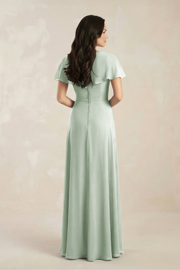 A - Line Short Sleeve Chiffon V - Neck Bridesmaid Dress in Sage - KissProm Bridesmaid Dresses