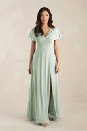 A - Line Short Sleeve Chiffon V - Neck Bridesmaid Dress in Sage - KissProm Bridesmaid Dresses