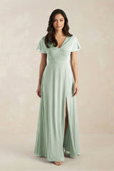 A - Line Short Sleeve Chiffon V - Neck Bridesmaid Dress in Sage - KissProm Bridesmaid Dresses