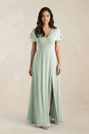 A - Line Short Sleeve Chiffon V - Neck Bridesmaid Dress in Sage - KissProm Bridesmaid Dresses