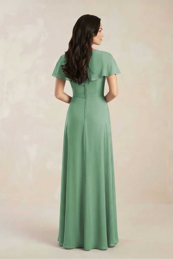 A - Line Short Sleeve Chiffon V - Neck Bridesmaid Dress in Sea Glass - KissProm Bridesmaid Dresses