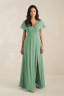 A - Line Short Sleeve Chiffon V - Neck Bridesmaid Dress in Sea Glass - KissProm Bridesmaid Dresses