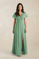 A - Line Short Sleeve Chiffon V - Neck Bridesmaid Dress in Sea Glass - KissProm Bridesmaid Dresses