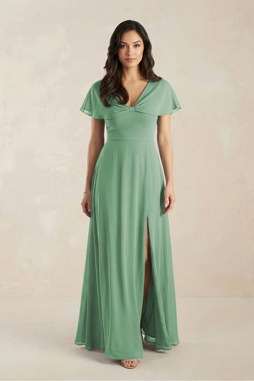 A - Line Short Sleeve Chiffon V - Neck Bridesmaid Dress in Sea Glass - KissProm Bridesmaid Dresses
