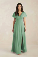 A - Line Short Sleeve Chiffon V - Neck Bridesmaid Dress in Sea Glass - KissProm Bridesmaid Dresses