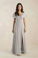 A - Line Short Sleeve Chiffon V - Neck Bridesmaid Dress in Silver - KissProm Bridesmaid Dresses