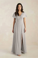 A - Line Short Sleeve Chiffon V - Neck Bridesmaid Dress in Silver - KissProm Bridesmaid Dresses