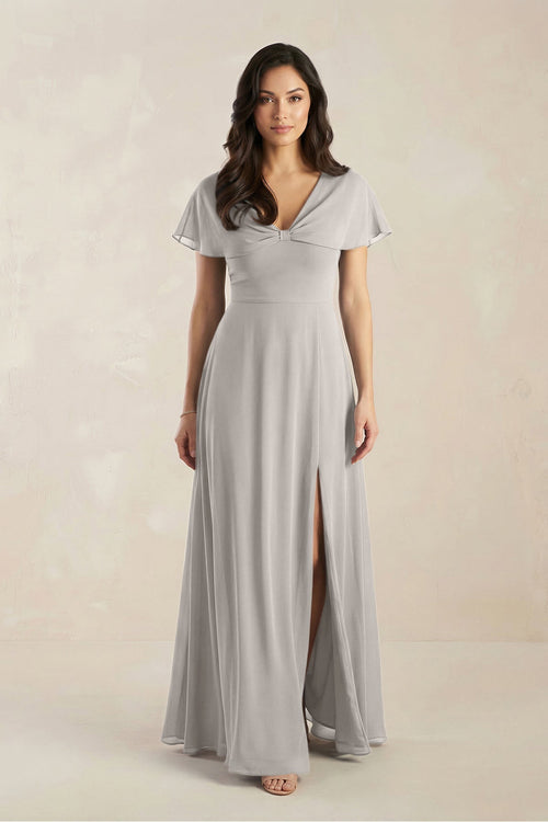 A - Line Short Sleeve Chiffon V - Neck Bridesmaid Dress in Silver - KissProm Bridesmaid Dresses