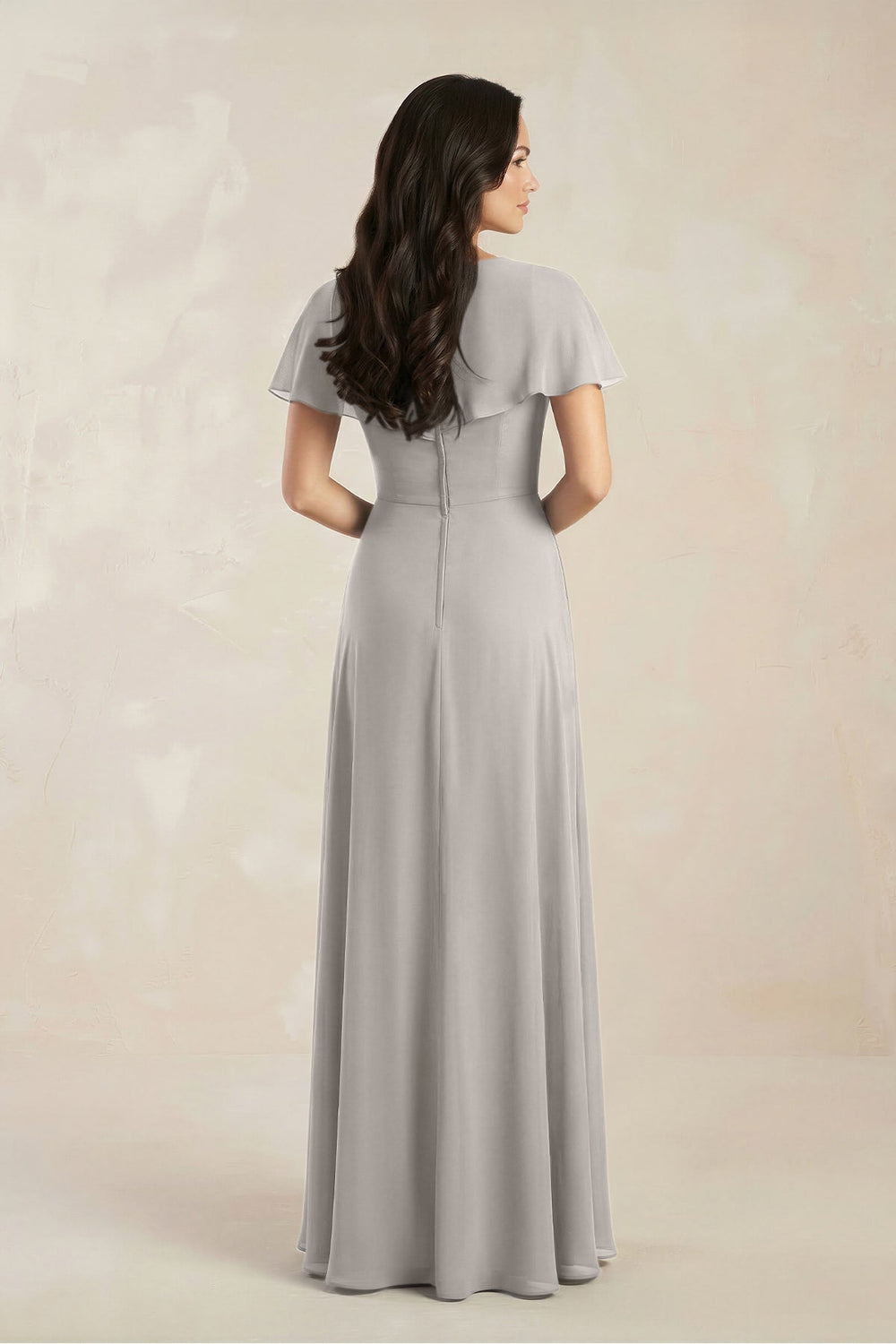 A - Line Short Sleeve Chiffon V - Neck Bridesmaid Dress in Silver - KissProm Bridesmaid Dresses