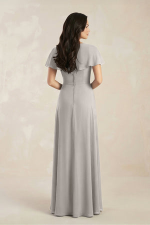 A - Line Short Sleeve Chiffon V - Neck Bridesmaid Dress in Silver - KissProm Bridesmaid Dresses