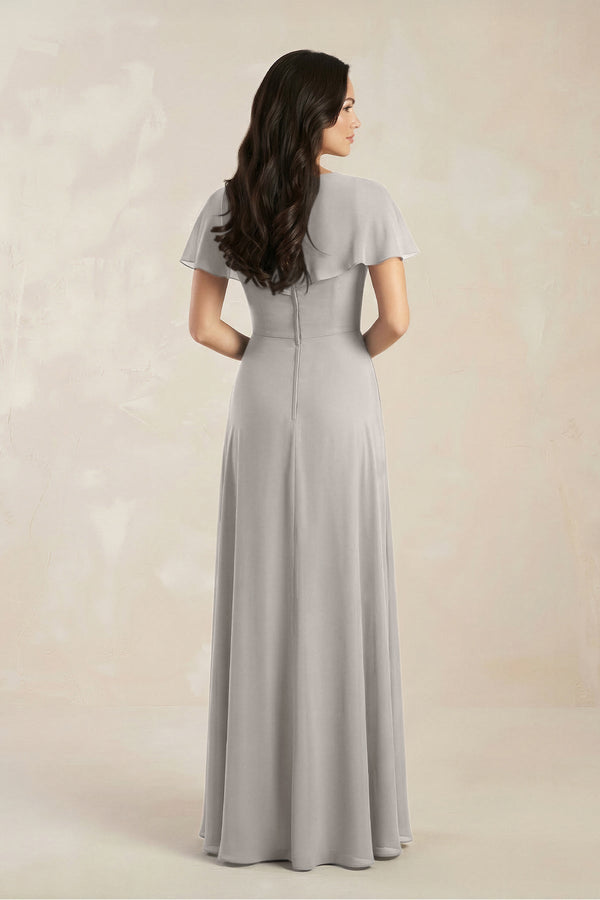 A - Line Short Sleeve Chiffon V - Neck Bridesmaid Dress in Silver - KissProm Bridesmaid Dresses
