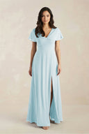 A - Line Short Sleeve Chiffon V - Neck Bridesmaid Dress in Sky Blue - KissProm Bridesmaid Dresses