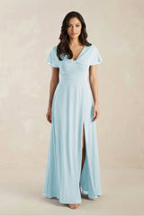 A - Line Short Sleeve Chiffon V - Neck Bridesmaid Dress in Sky Blue - KissProm Bridesmaid Dresses