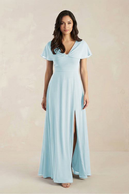 A - Line Short Sleeve Chiffon V - Neck Bridesmaid Dress in Sky Blue - KissProm Bridesmaid Dresses