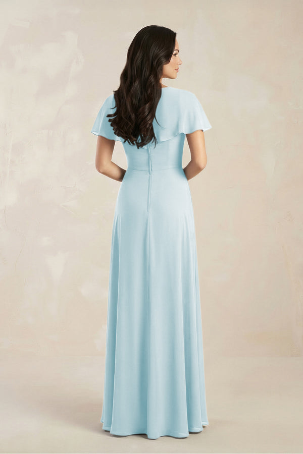 A - Line Short Sleeve Chiffon V - Neck Bridesmaid Dress in Sky Blue - KissProm Bridesmaid Dresses