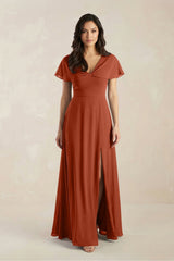 A - Line Short Sleeve Chiffon V - Neck Bridesmaid Dress in Spice - KissProm Bridesmaid Dresses