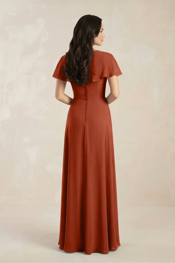 A - Line Short Sleeve Chiffon V - Neck Bridesmaid Dress in Spice - KissProm Bridesmaid Dresses