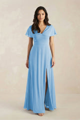 A - Line Short Sleeve Chiffon V - Neck Bridesmaid Dress in Steel Blue - KissProm Bridesmaid Dresses