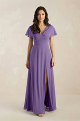 A - Line Short Sleeve Chiffon V - Neck Bridesmaid Dress in Tahiti - KissProm Bridesmaid Dresses