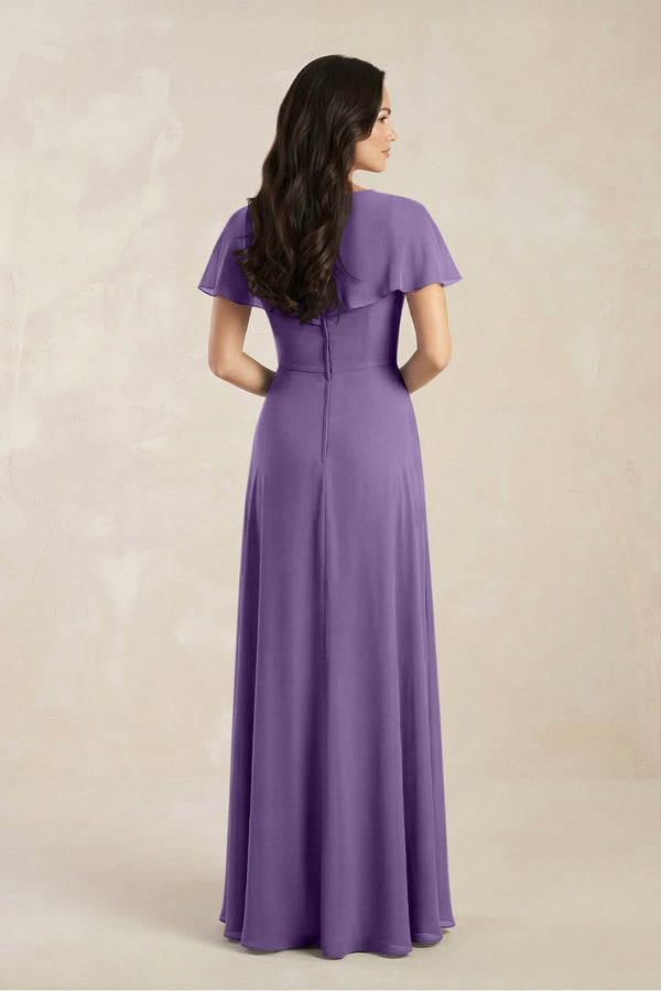 A - Line Short Sleeve Chiffon V - Neck Bridesmaid Dress in Tahiti - KissProm Bridesmaid Dresses