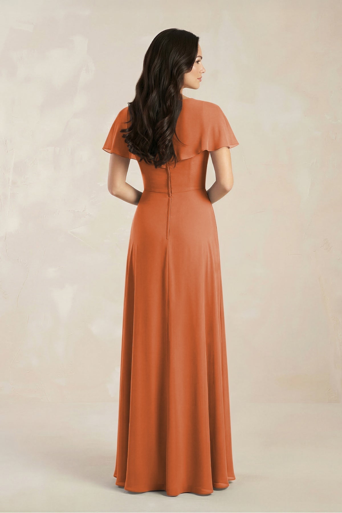KissProm A-Line Short Sleeve Chiffon V-Neck Bridesmaid Dress in Terracotta, Terracotta / 16