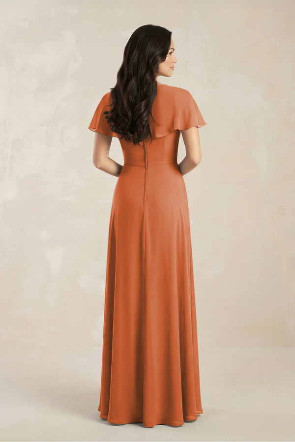 A - Line Short Sleeve Chiffon V - Neck Bridesmaid Dress in Terracotta - KissProm Bridesmaid Dresses