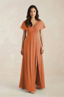 A - Line Short Sleeve Chiffon V - Neck Bridesmaid Dress in Terracotta - KissProm Bridesmaid Dresses