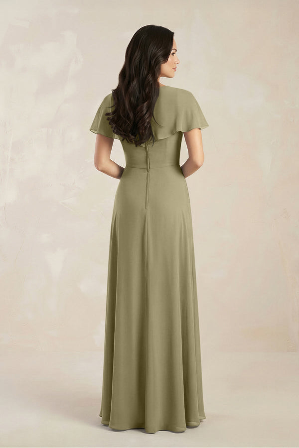 A - Line Short Sleeve Chiffon V - Neck Bridesmaid Dress in Thyme - KissProm Bridesmaid Dresses