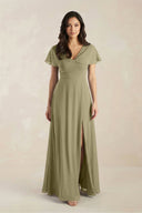 A - Line Short Sleeve Chiffon V - Neck Bridesmaid Dress in Thyme - KissProm Bridesmaid Dresses