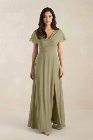 A - Line Short Sleeve Chiffon V - Neck Bridesmaid Dress in Thyme - KissProm Bridesmaid Dresses