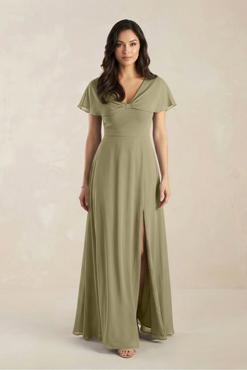 A - Line Short Sleeve Chiffon V - Neck Bridesmaid Dress in Thyme - KissProm Bridesmaid Dresses