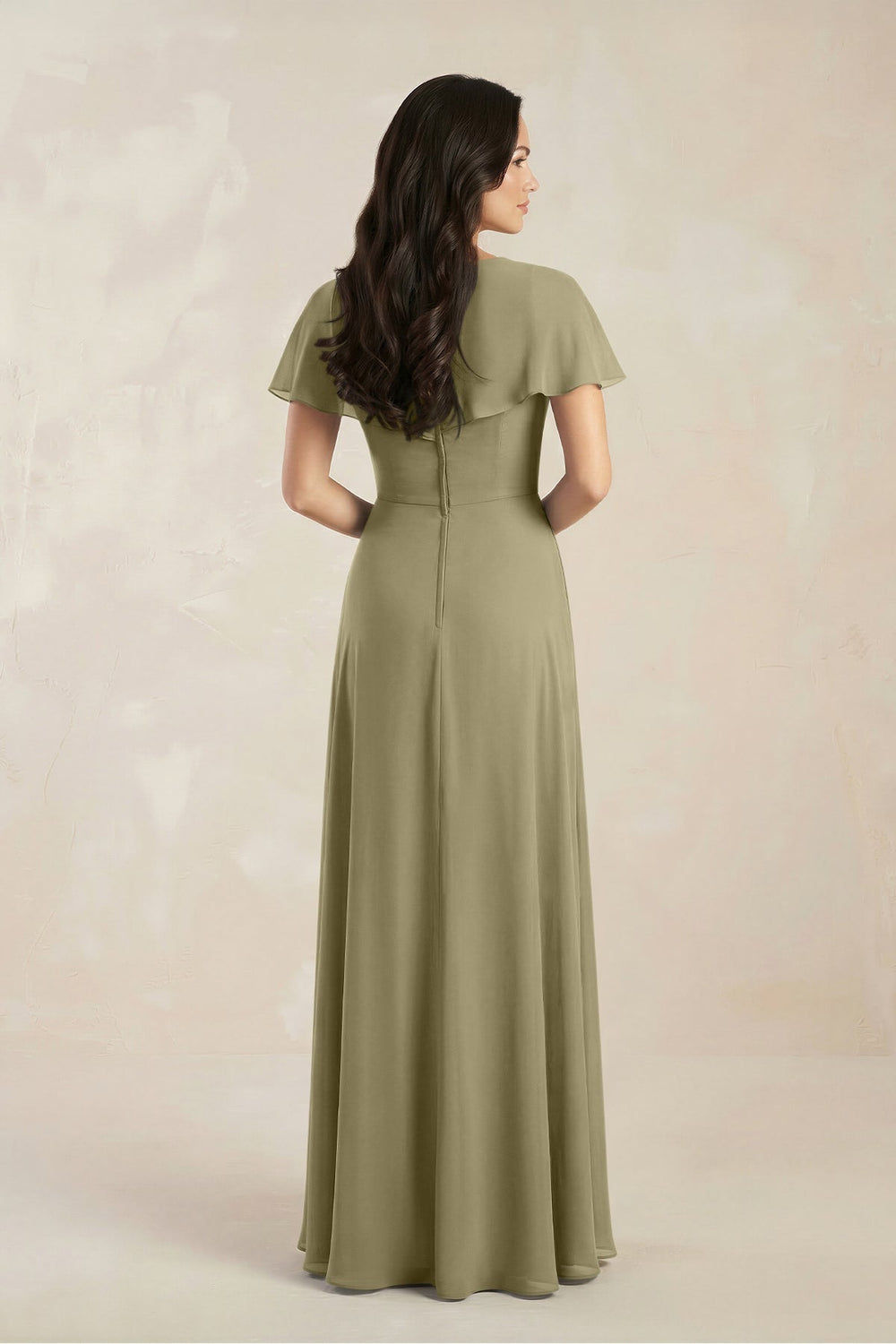 A - Line Short Sleeve Chiffon V - Neck Bridesmaid Dress in Thyme - KissProm Bridesmaid Dresses