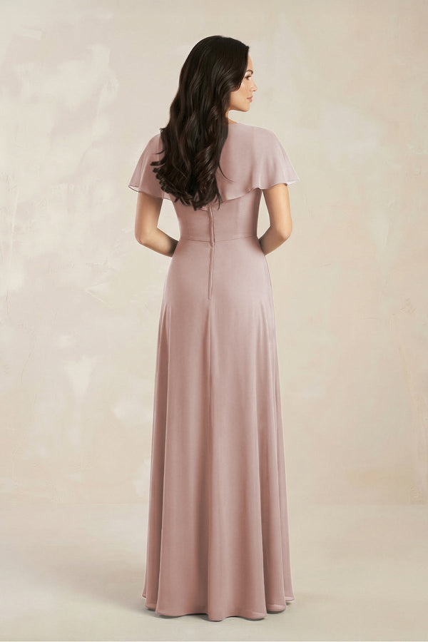 A - Line Short Sleeve Chiffon V - Neck Bridesmaid Dress in Toffee - KissProm Bridesmaid Dresses